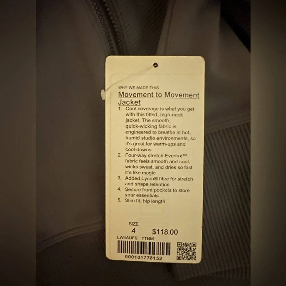 Lululemon Athletica Movement to Movement Jacket in Titanium- New With Tags - Picture 5 of 14